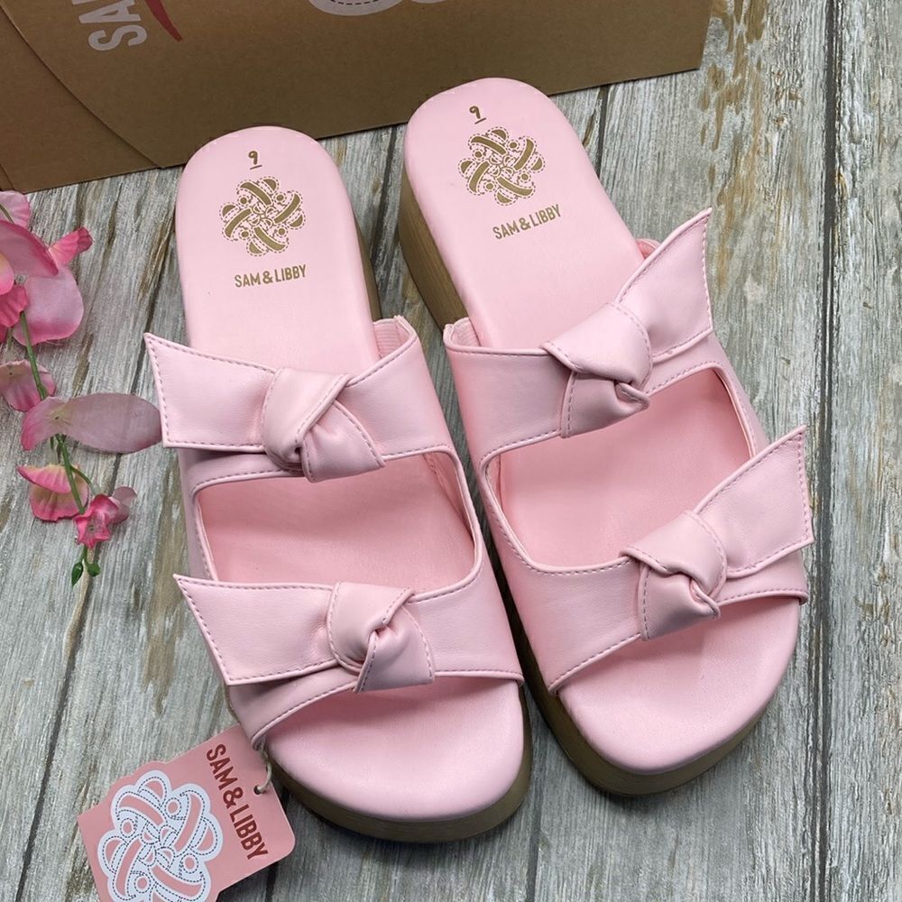 Sam & Libby Pink Platform Double Bow Tie Comfy Dress Sandals Shoes Size 9